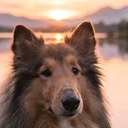 Miro, a Rough Collie, portrait at a mountain lake at sunset