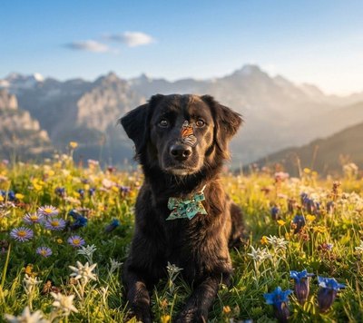 Ayla, a dark-coated dog in a patterned bandana, lying in an alpine wildflower field with a butterfly on her nose