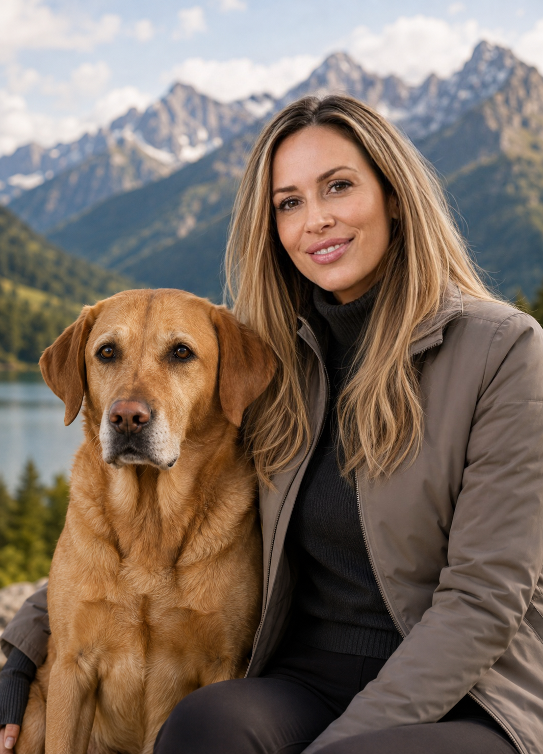 Jennifer, founder of Swiss Dog School, with her dog in the Swiss mountains