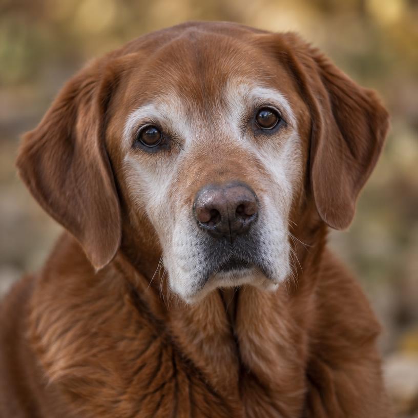 The same fox-red Labrador as a senior dog with a greying muzzle