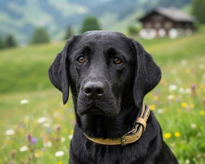 Bruno, a black Labrador, sitting in an alpine meadow with a Swiss chalet behind him