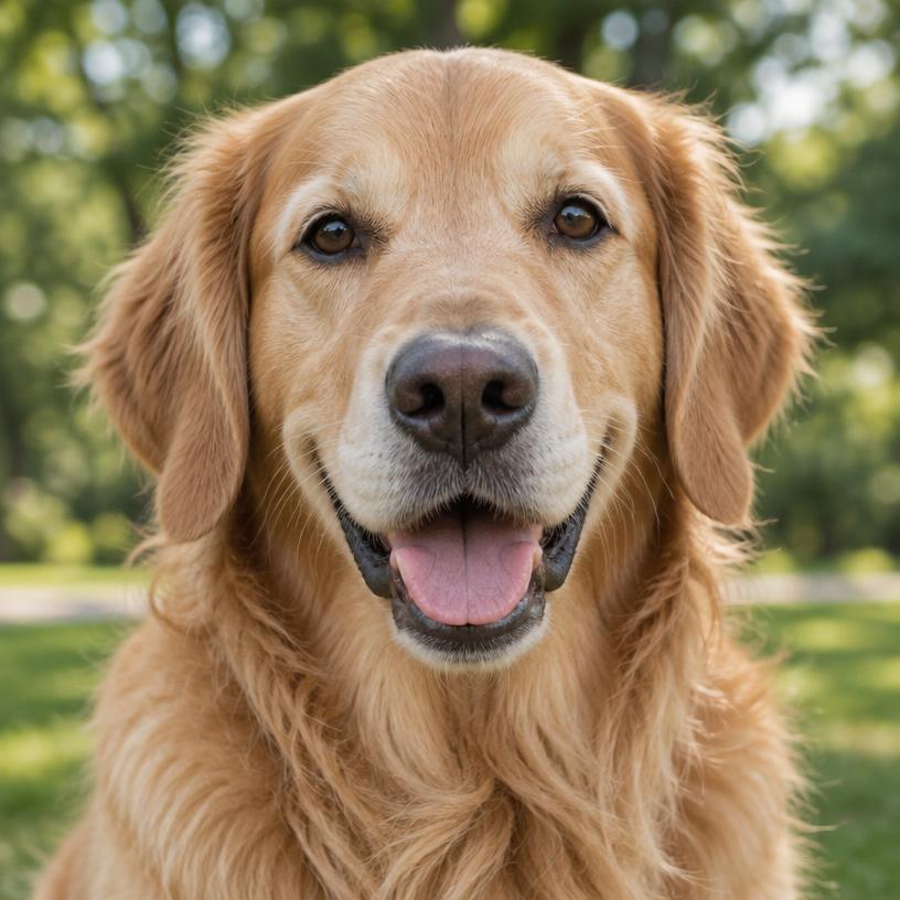Nala, a Golden Retriever, portrait in a sunny park